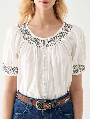 Florisole Summer Women's French Round Neck Puff Sleeve Drawstring Waist Simple Patchwork Open Cardigan Shirt