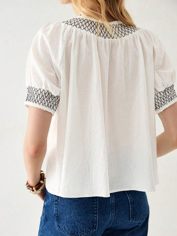 Florisole Summer Women's French Round Neck Puff Sleeve Drawstring Waist Simple Patchwork Open Cardigan Shirt