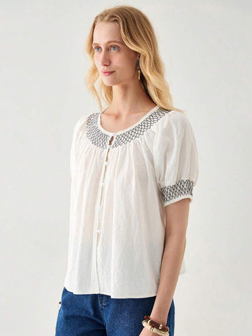 Florisole Summer Women's French Round Neck Puff Sleeve Drawstring Waist Simple Patchwork Open Cardigan Shirt