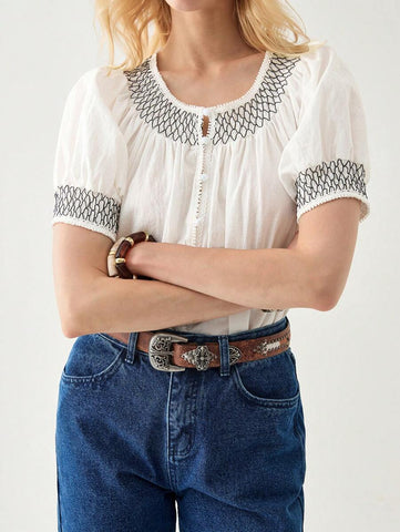 Florisole Summer Women's French Round Neck Puff Sleeve Drawstring Waist Simple Patchwork Open Cardigan Shirt