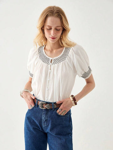 Florisole Summer Women's French Round Neck Puff Sleeve Drawstring Waist Simple Patchwork Open Cardigan Shirt