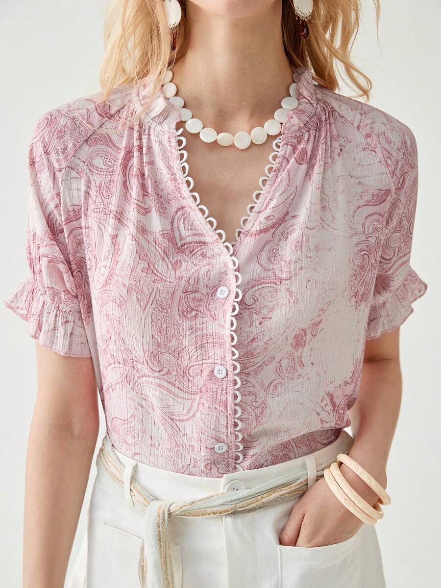 Women's Cashew Floral Print Short Sleeve Single Breasted Casual Shirt