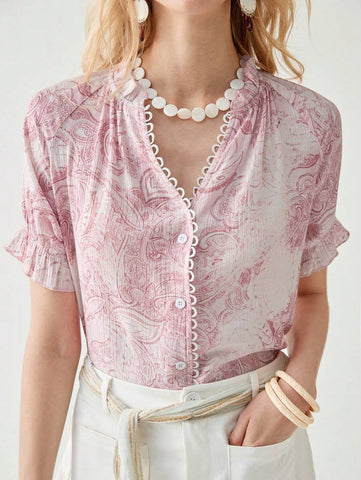 Women's Cashew Floral Print Short Sleeve Single Breasted Casual Shirt