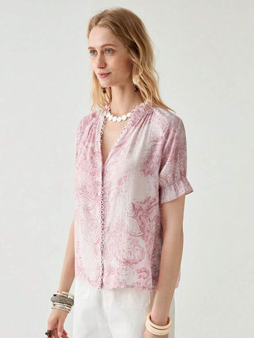 Women's Cashew Floral Print Short Sleeve Single Breasted Casual Shirt