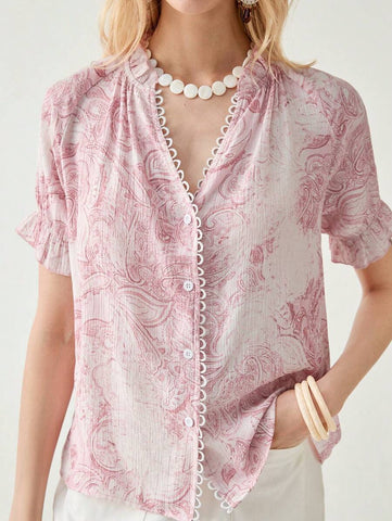 Women's Cashew Floral Print Short Sleeve Single Breasted Casual Shirt