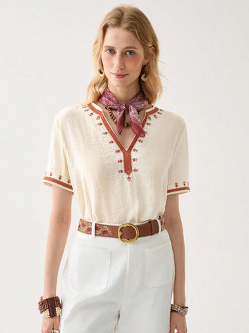 Women's Solid Color Short Sleeve Contrast Trim Blouse,