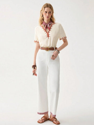 Women's Solid Color Short Sleeve Contrast Trim Blouse,