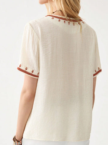 Women's Solid Color Short Sleeve Contrast Trim Blouse,