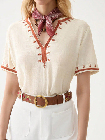 Women's Solid Color Short Sleeve Contrast Trim Blouse,