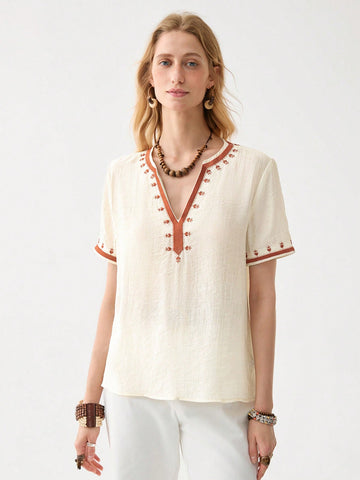 Women's Solid Color Short Sleeve Contrast Trim Blouse,