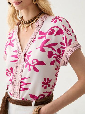 Women's Stylish Pink Floral Patchwork Shirt,