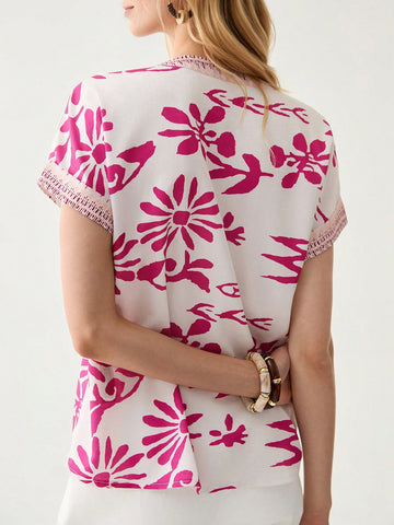 Women's Stylish Pink Floral Patchwork Shirt,