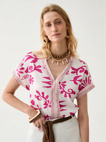 Women's Stylish Pink Floral Patchwork Shirt,