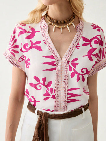 Women's Stylish Pink Floral Patchwork Shirt,