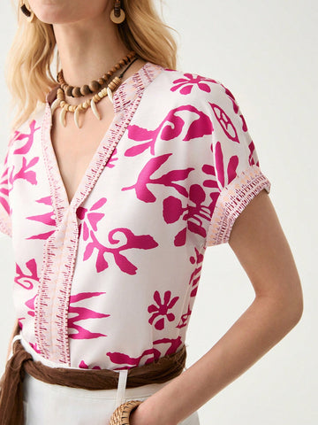 Women's Stylish Pink Floral Patchwork Shirt,