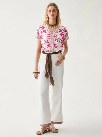 Women's Stylish Pink Floral Patchwork Shirt,