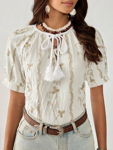 Florisole Women's Summer Bohemian Style Golden Thread Embroidered Casual Fringe Tie-Up Round Neck White Blouse