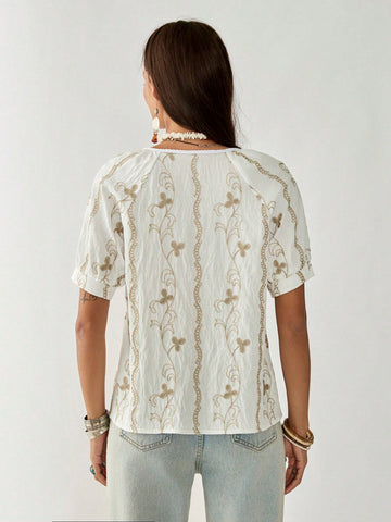 Florisole Women's Summer Bohemian Style Golden Thread Embroidered Casual Fringe Tie-Up Round Neck White Blouse