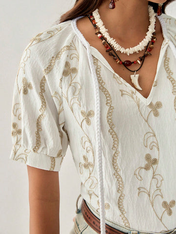 Florisole Women's Summer Bohemian Style Golden Thread Embroidered Casual Fringe Tie-Up Round Neck White Blouse