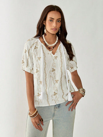 Florisole Women's Summer Bohemian Style Golden Thread Embroidered Casual Fringe Tie-Up Round Neck White Blouse