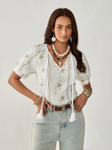 Florisole Women's Summer Bohemian Style Golden Thread Embroidered Casual Fringe Tie-Up Round Neck White Blouse