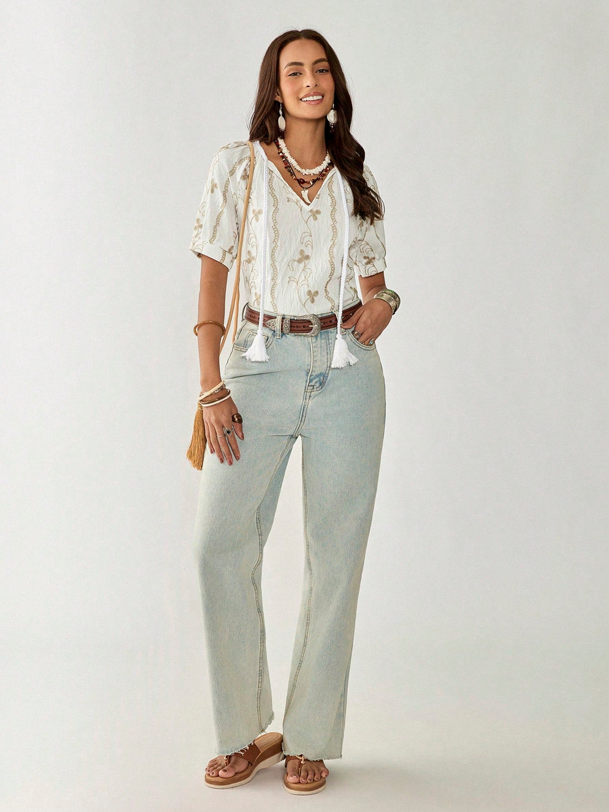 Florisole Women's Summer Bohemian Style Golden Thread Embroidered Casual Fringe Tie-Up Round Neck White Blouse