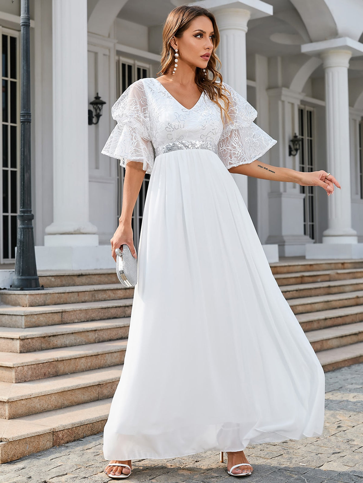 Flounce Sleeve Contrast Sequin Chiffon Wedding Dress Without Veil