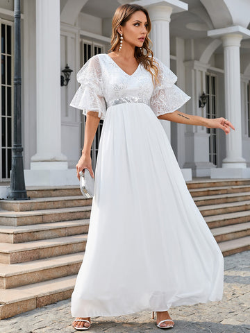 Flounce Sleeve Contrast Sequin Chiffon Wedding Dress Without Veil