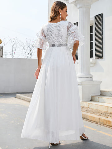 Flounce Sleeve Contrast Sequin Chiffon Wedding Dress Without Veil