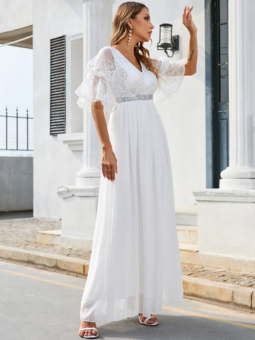Flounce Sleeve Contrast Sequin Chiffon Wedding Dress Without Veil