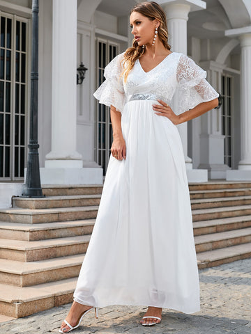 Flounce Sleeve Contrast Sequin Chiffon Wedding Dress Without Veil