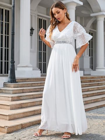 Flounce Sleeve Contrast Sequin Chiffon Wedding Dress Without Veil