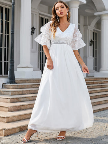 Flounce Sleeve Contrast Sequin Chiffon Wedding Dress Without Veil