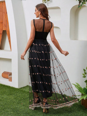 Flower Embroidered Mesh Lace Bridesmaid Dress