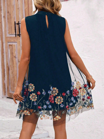 Flower Embroidery Sleeveless Loose Fit Maxi Dress