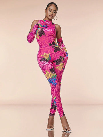 Flower Pattern Velour Skinny Jumpsuit With Turtleneck, Sheer Mesh Detail And Gloves