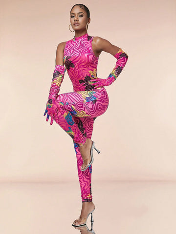 Flower Pattern Velour Skinny Jumpsuit With Turtleneck, Sheer Mesh Detail And Gloves
