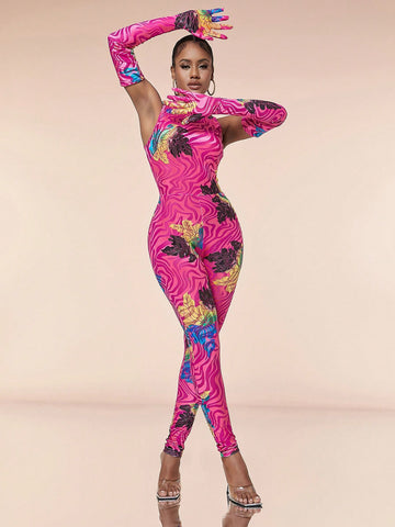 Flower Pattern Velour Skinny Jumpsuit With Turtleneck, Sheer Mesh Detail And Gloves