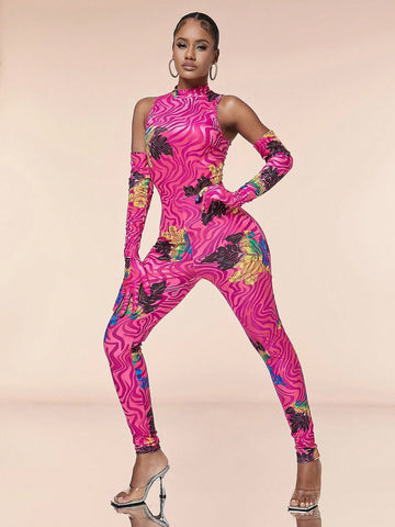 Flower Pattern Velour Skinny Jumpsuit With Turtleneck, Sheer Mesh Detail And Gloves