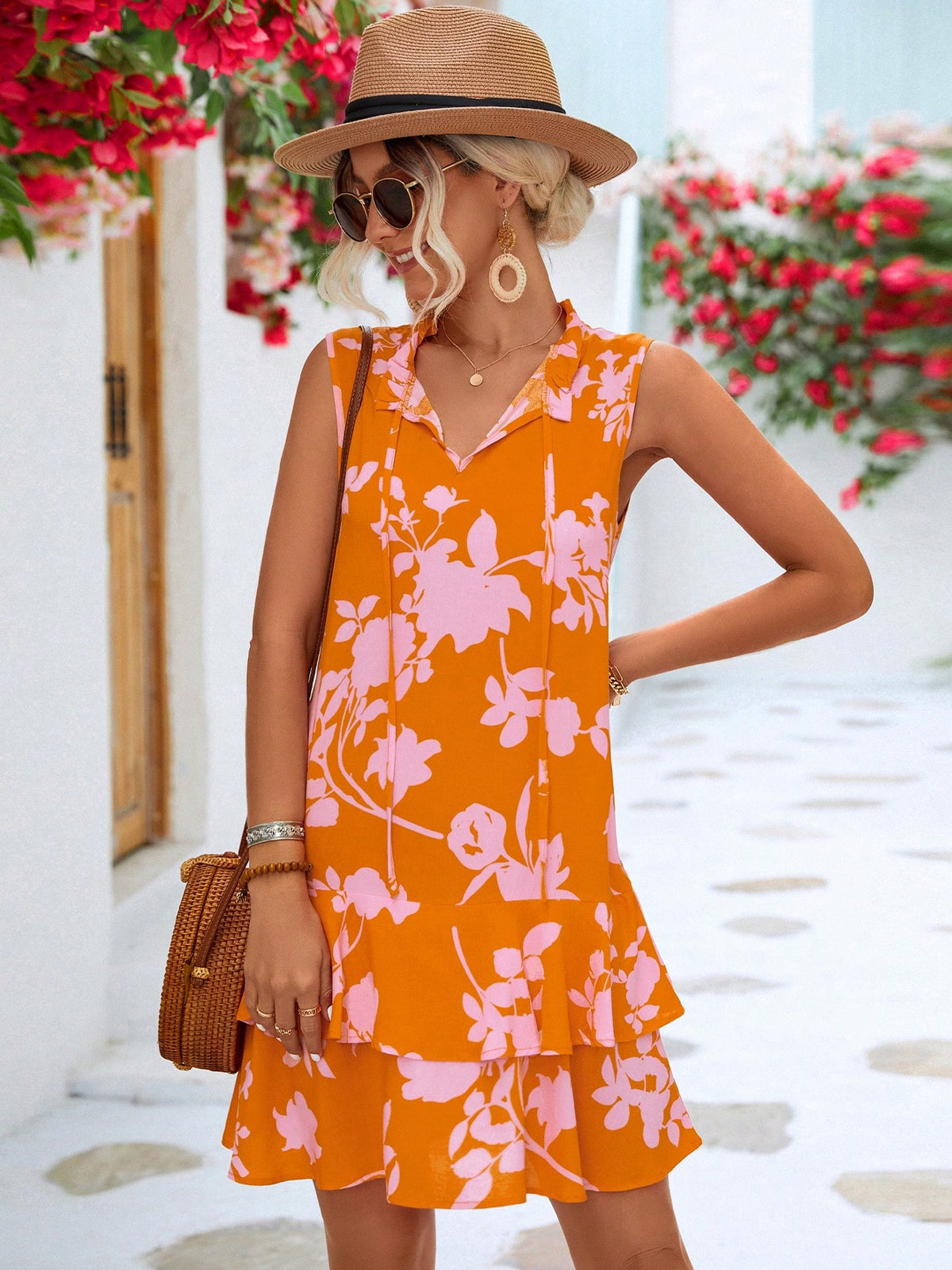 Flower Print Collar & Waist Tie Dress