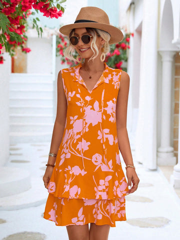 Flower Print Collar & Waist Tie Dress