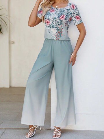 Flower Print Top & Gradient Wide Leg Pants Set