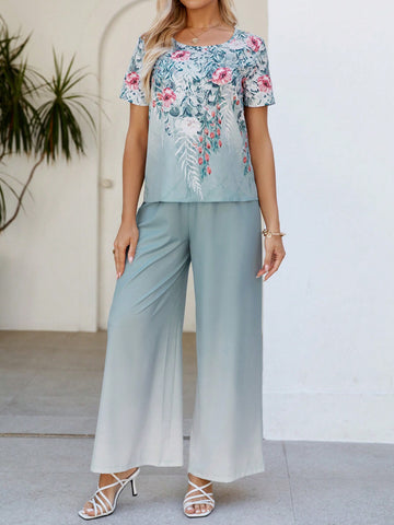 Flower Print Top & Gradient Wide Leg Pants Set