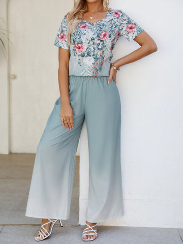 Flower Print Top & Gradient Wide Leg Pants Set