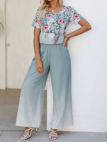 Flower Print Top & Gradient Wide Leg Pants Set