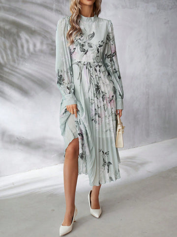 Flower Printed Long Sleeve Pleated Dress