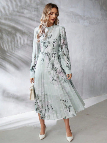 Flower Printed Long Sleeve Pleated Dress