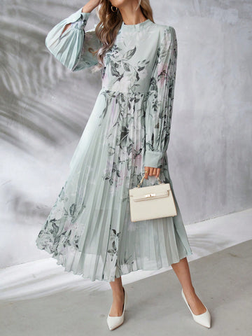 Flower Printed Long Sleeve Pleated Dress