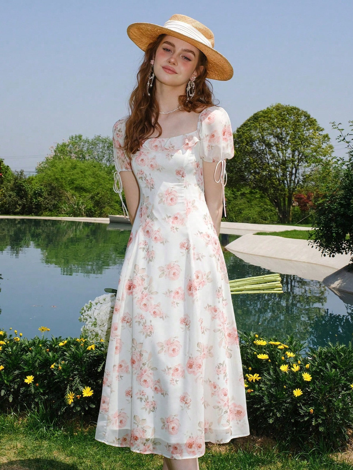 Flower Printed Puff Sleeve Dress