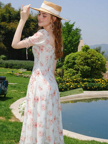 Flower Printed Puff Sleeve Dress
